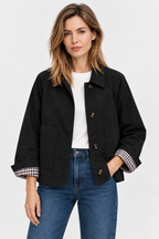 Women's short trench jacket with button front, patch pockets and checked turn-up cuffs