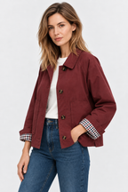 Women's short trench jacket with button front, patch pockets and checked turn-up cuffs
