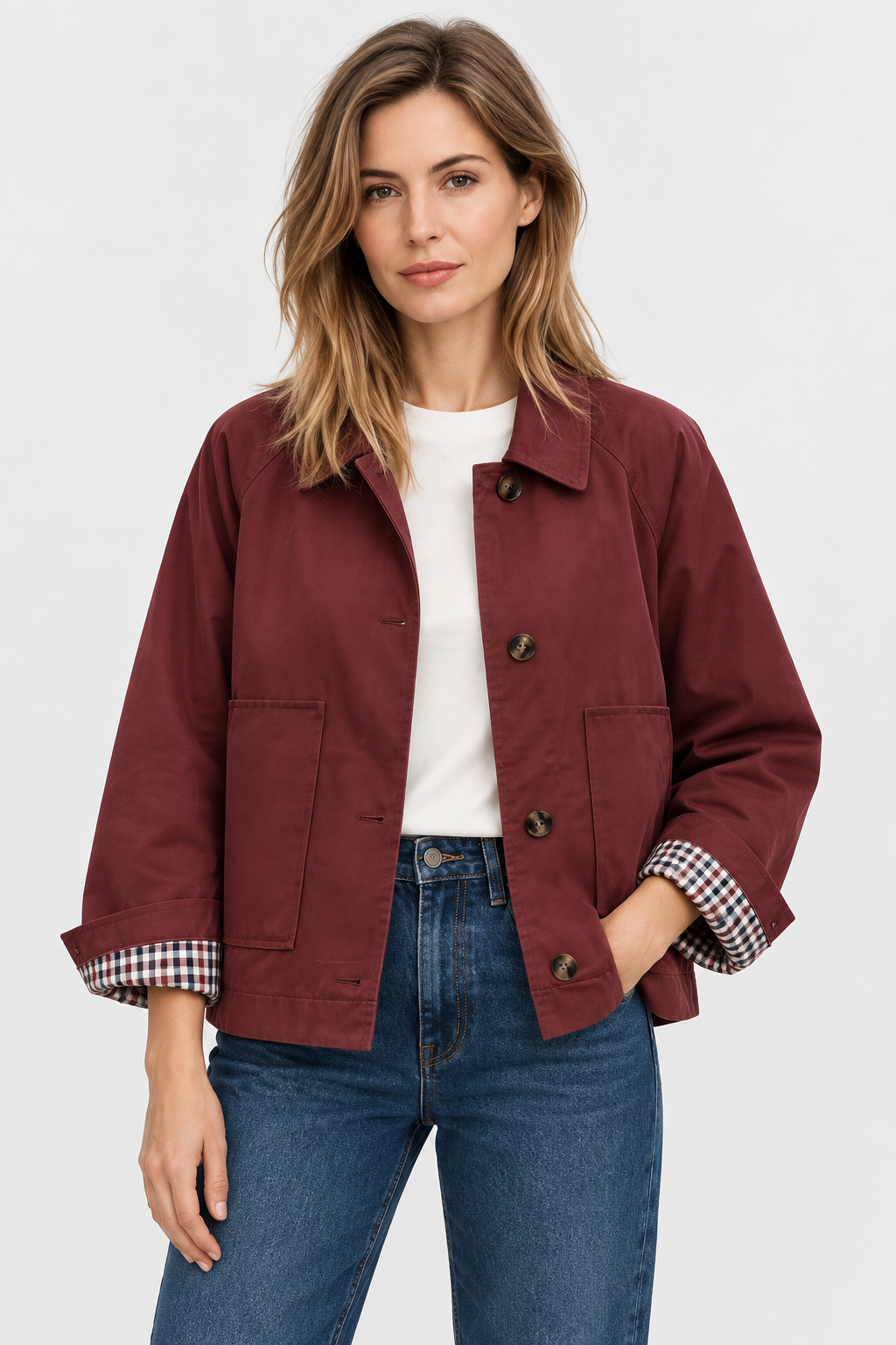 Women's short trench jacket with button front, patch pockets and checked turn-up cuffs