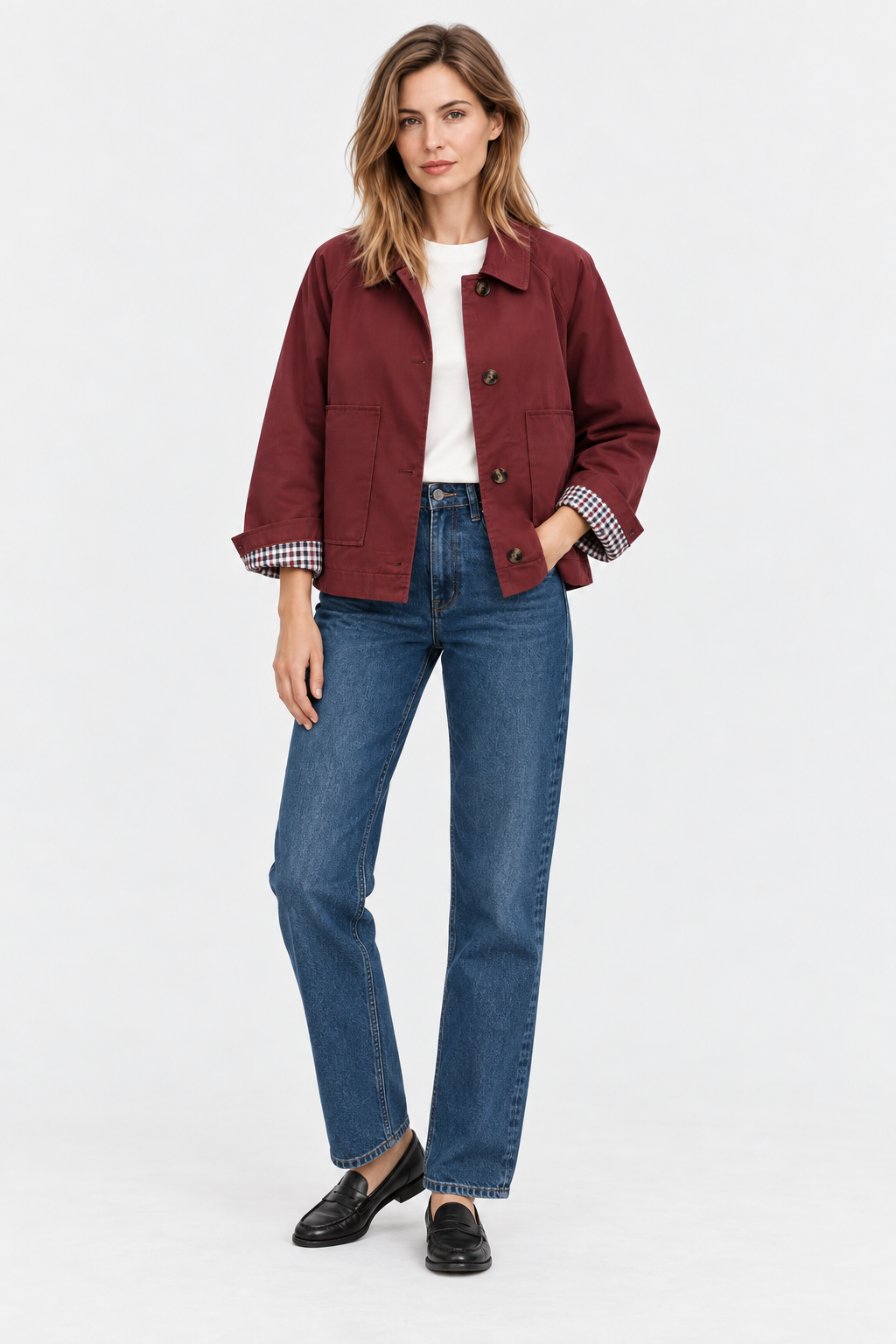 Women's short trench jacket with button front, patch pockets and checked turn-up cuffs