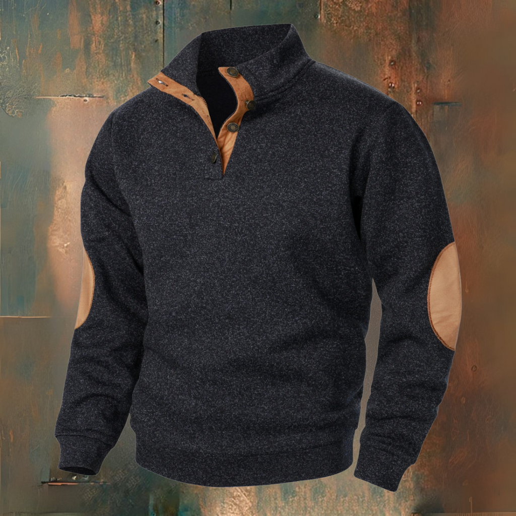 Men's textured mock neck sweater with contrast elbow patches