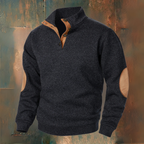 Men's textured mock neck sweater with contrast elbow patches