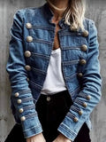 Women's blue fitted jacket with mandarin collar, ornate buttons and long sleeves