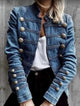 Women's blue fitted jacket with mandarin collar, ornate buttons and long sleeves