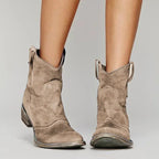 Women's vintage western ankle boots with pointed toes, pull tabs and block heels
