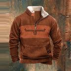 Men's half-zip sweater with patterned sleeves and pouch pocket