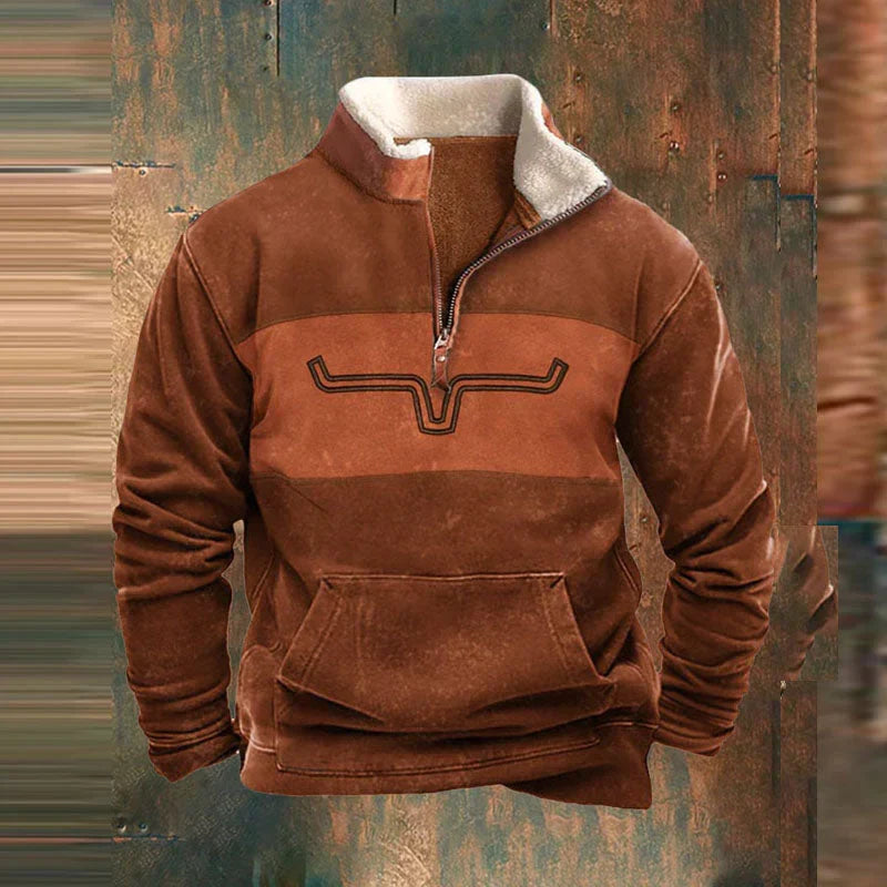 Men's half-zip sweater with patterned sleeves and pouch pocket