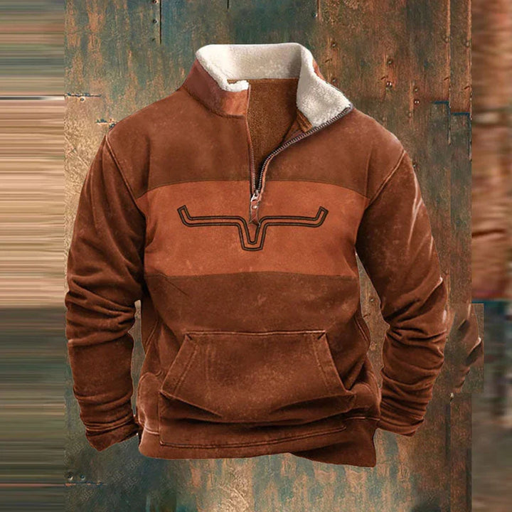 Men's half-zip sweater with patterned sleeves and pouch pocket