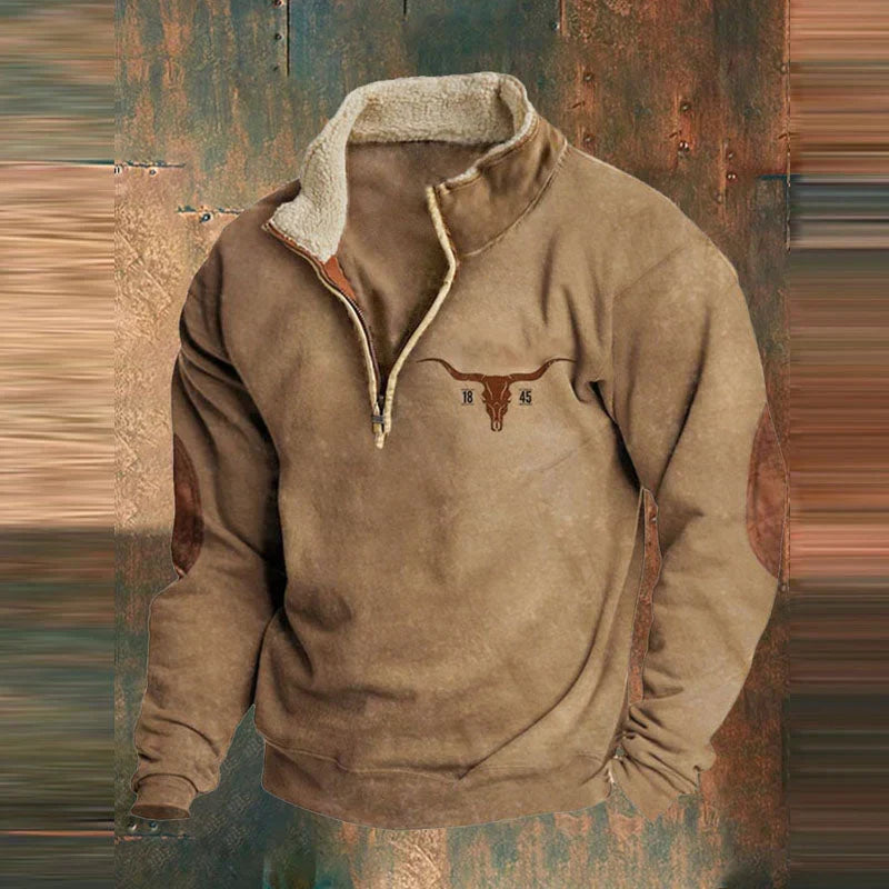 Men's half-zip sweater with patterned sleeves and pouch pocket
