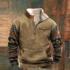 Men's half-zip sweater with patterned sleeves and pouch pocket
