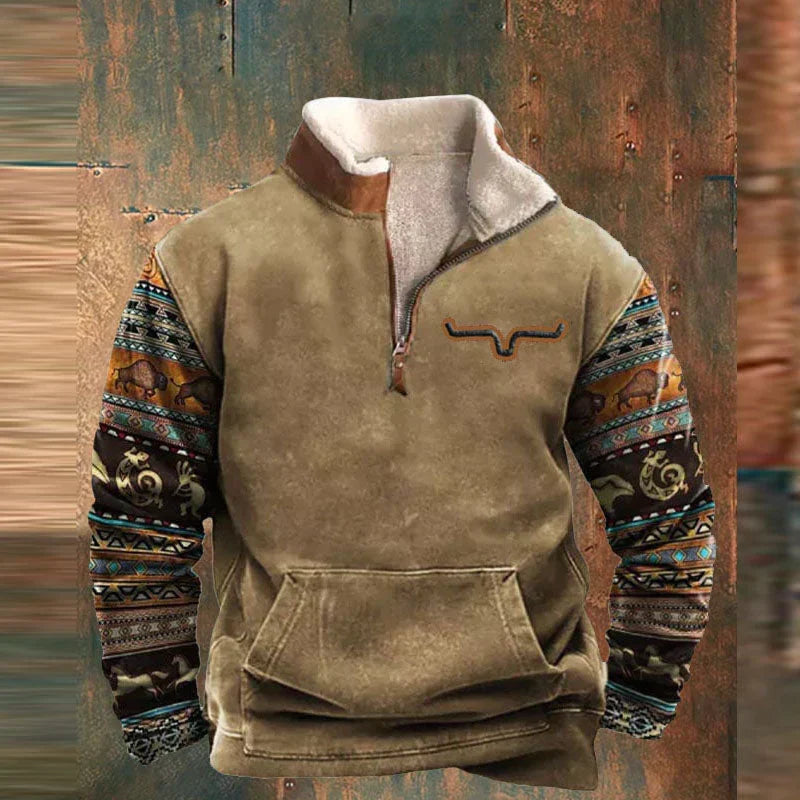 Men's half-zip sweater with patterned sleeves and pouch pocket