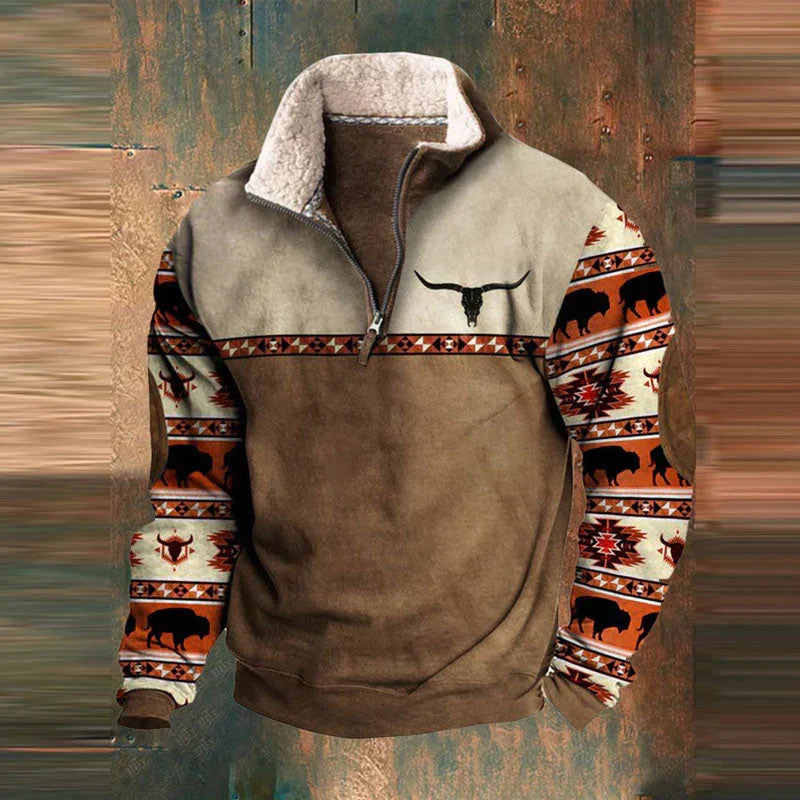 Men's half-zip sweater with patterned sleeves and pouch pocket