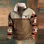 Men's half-zip sweater with patterned sleeves and pouch pocket