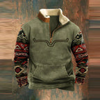 Men's half-zip sweater with patterned sleeves and pouch pocket