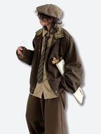 Women's brown plaid jacket with collar, long sleeves and button fastening