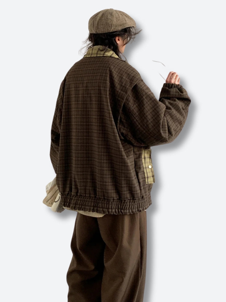 Women's brown plaid jacket with collar, long sleeves and button fastening