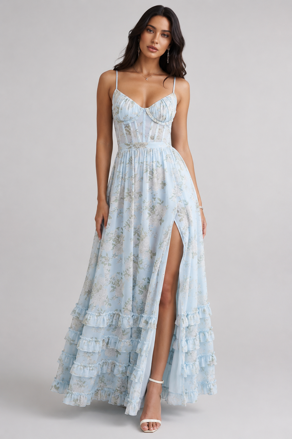 Floral maxi dress with sweetheart neckline, spaghetti straps and ruffled split skirt