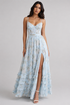 Floral maxi dress with sweetheart neckline, spaghetti straps and ruffled split skirt
