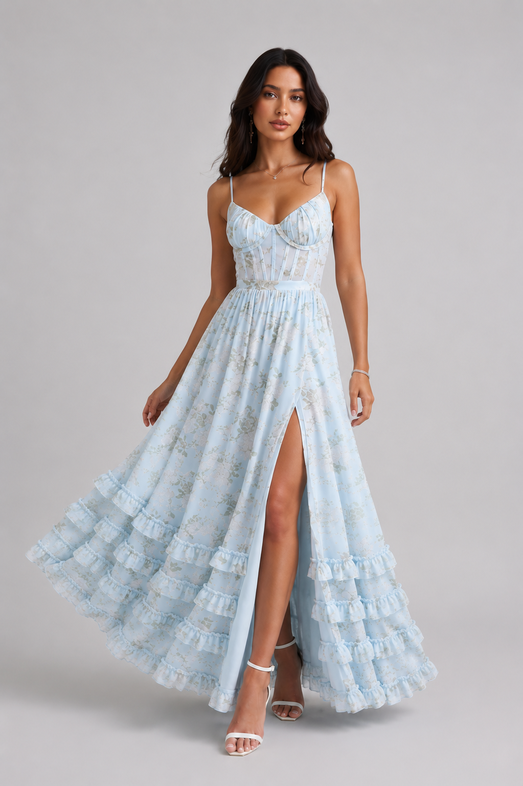 Floral maxi dress with sweetheart neckline, spaghetti straps and ruffled split skirt