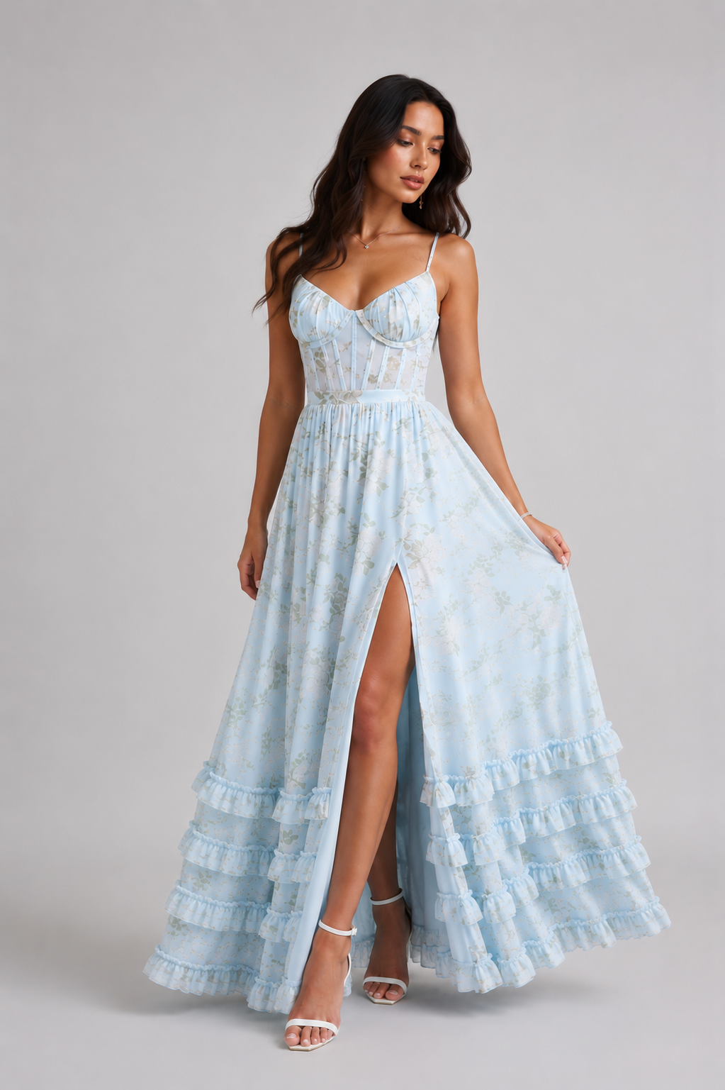 Floral maxi dress with sweetheart neckline, spaghetti straps and ruffled split skirt