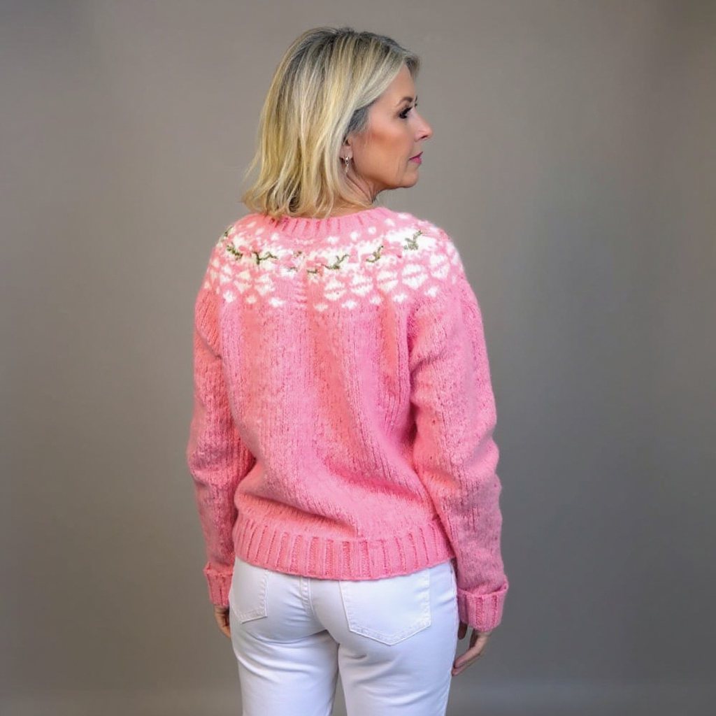 Women's pink floral knit cardigan with long sleeves and button front