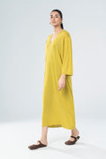 Women's yellow knit midi dress with V-neckline and 3/4 sleeves