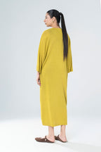 Women's yellow knit midi dress with V-neckline and 3/4 sleeves