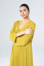 Women's yellow knit midi dress with V-neckline and 3/4 sleeves