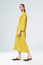 Women's yellow knit midi dress with V-neckline and 3/4 sleeves