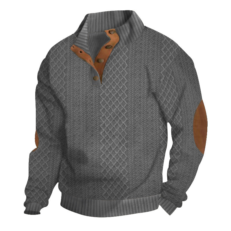 Textured men's knit pullover with high collar and elbow patches