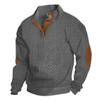 Textured men's knit pullover with high collar and elbow patches