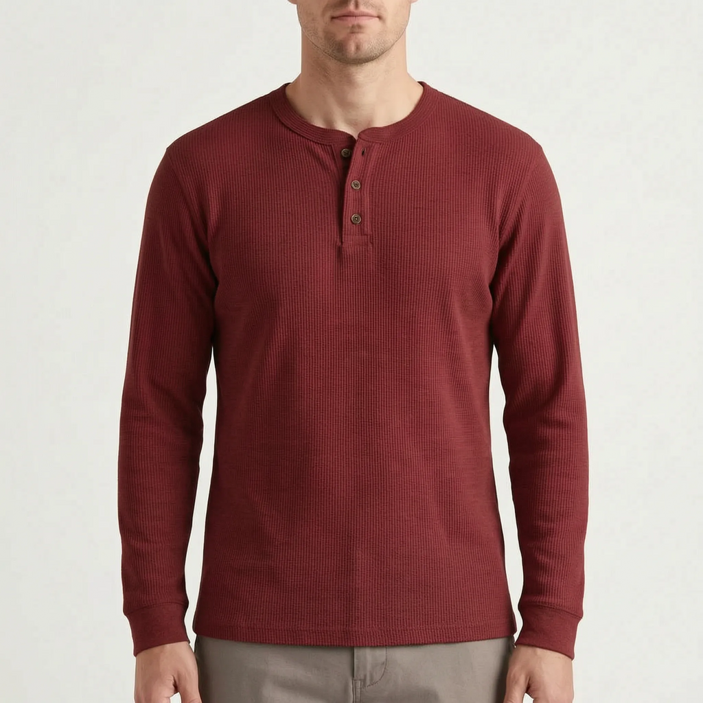 WaffleTrek  - Long Sleeve Waffle Knit Henley Shirt Casual Weekend Outings