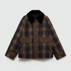 Women's plaid jacket with black faux fur collar and flap pockets