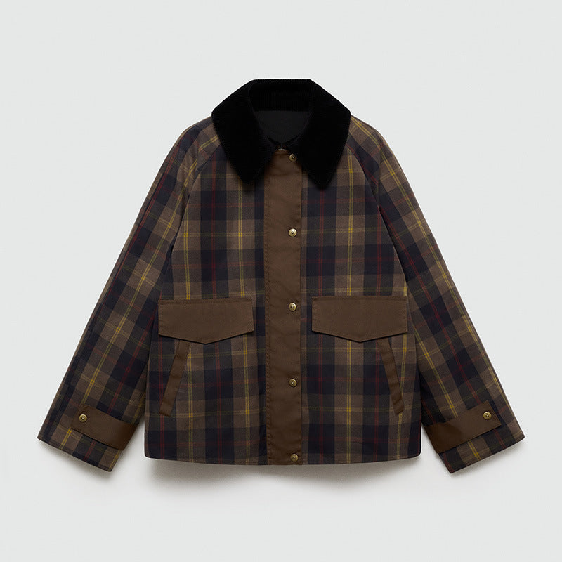 Women's plaid jacket with black faux fur collar and flap pockets