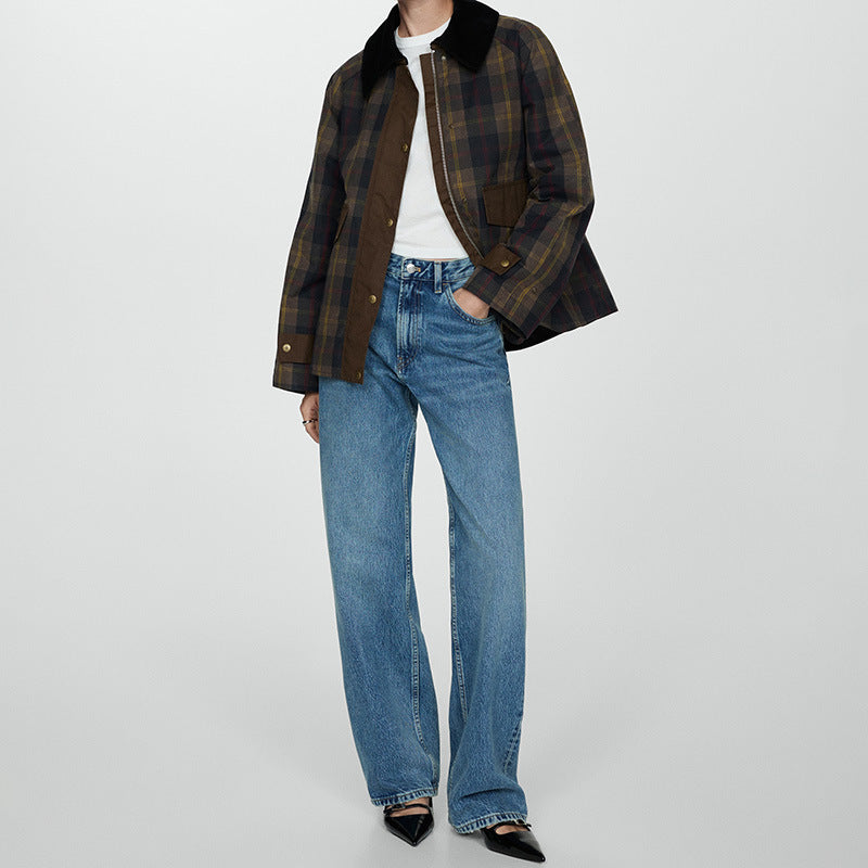 Women's plaid jacket with black faux fur collar and flap pockets