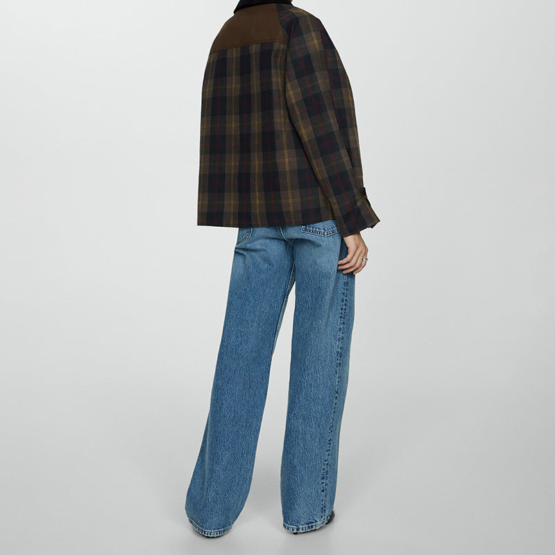 Women's plaid jacket with black faux fur collar and flap pockets
