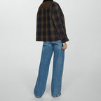 Women's plaid jacket with black faux fur collar and flap pockets