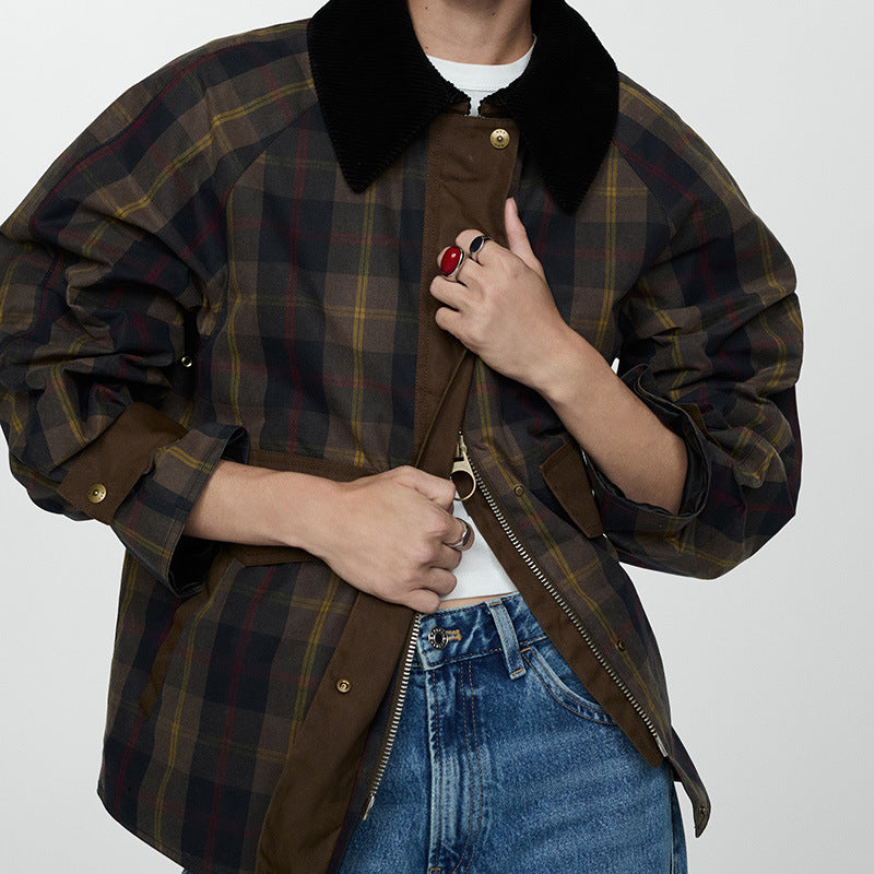 Women's plaid jacket with black faux fur collar and flap pockets