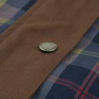 Women's plaid jacket with black faux fur collar and flap pockets