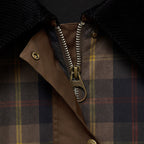 Women's plaid jacket with black faux fur collar and flap pockets