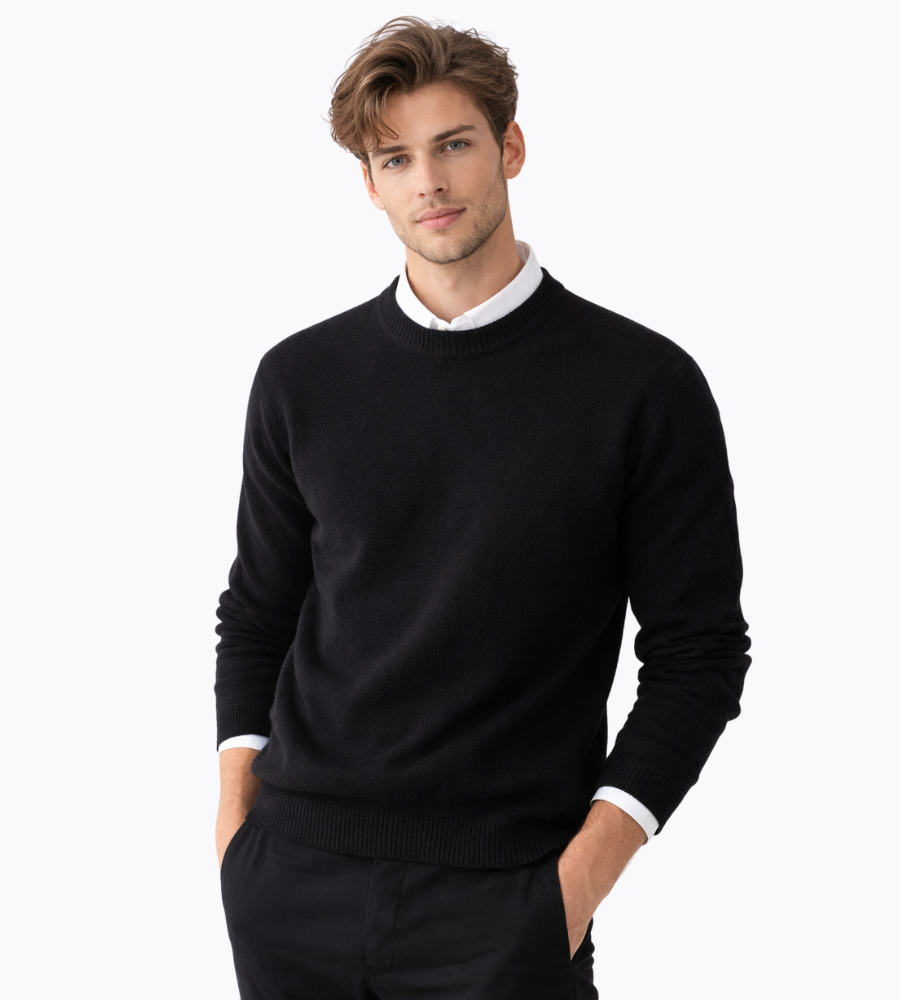 Men's fine-knit crew-neck jumper with long sleeves and ribbed trims