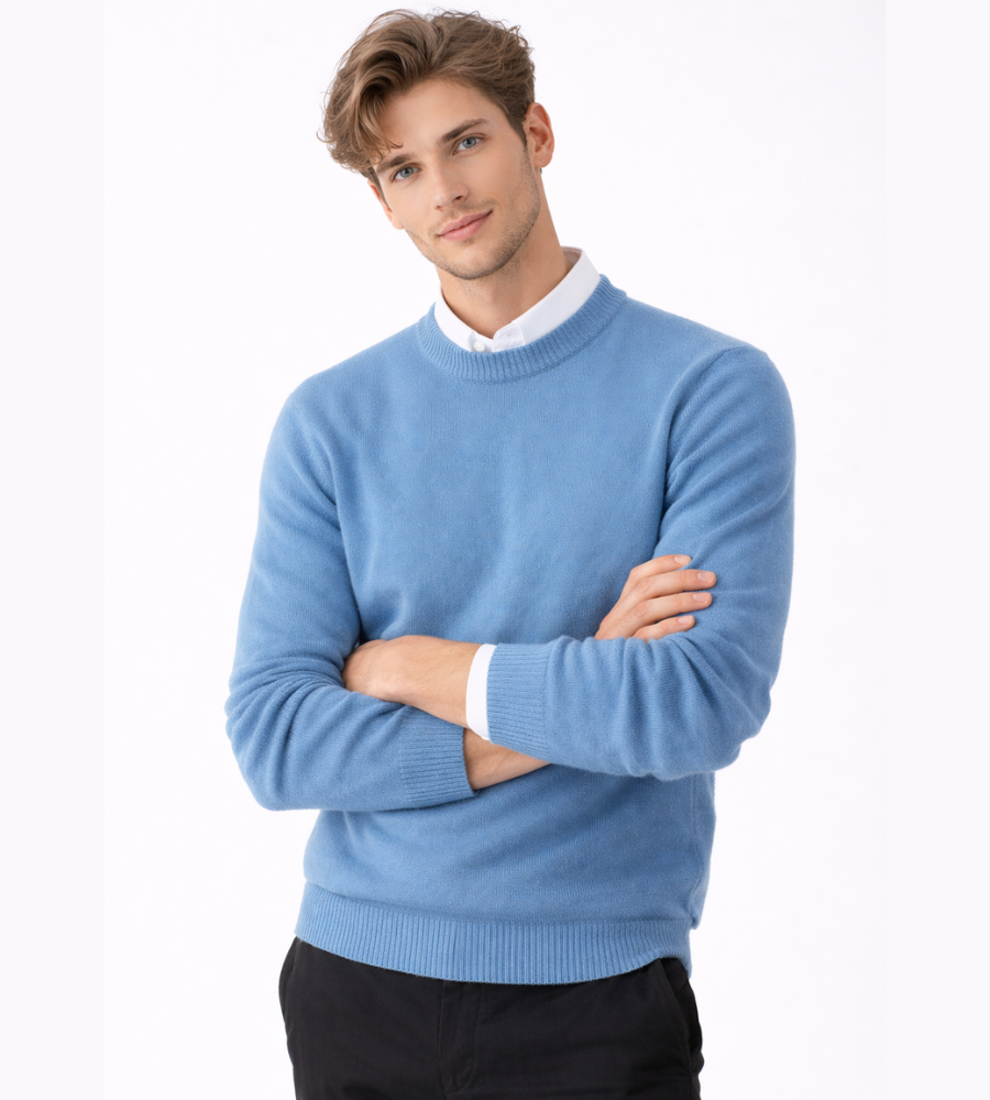 Men's fine-knit crew-neck jumper with long sleeves and ribbed trims