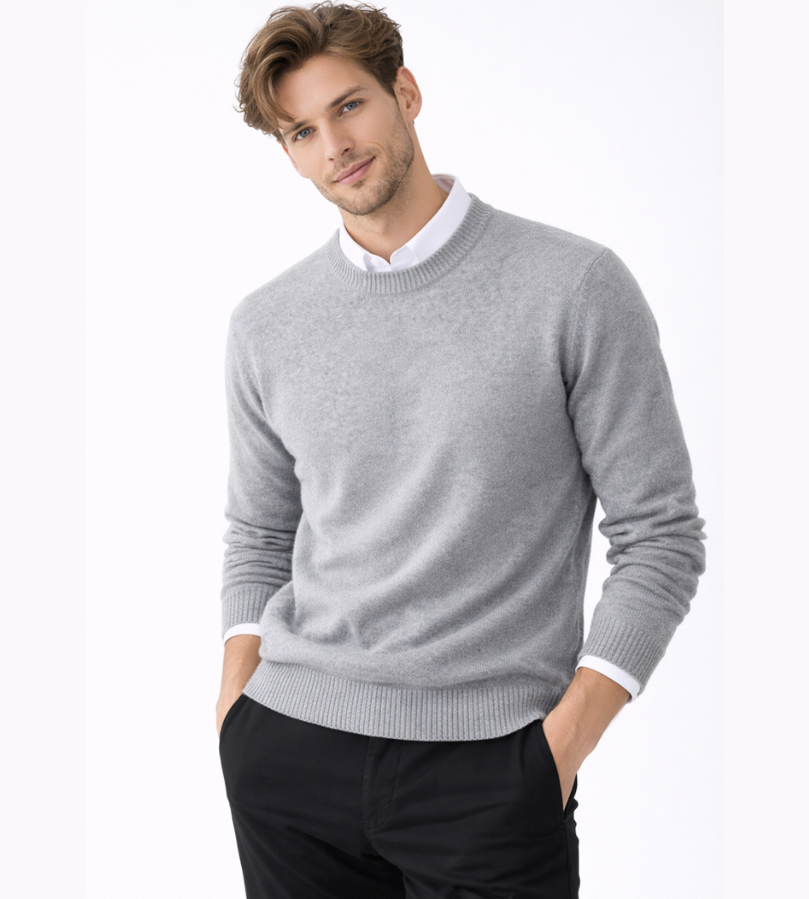 Men's fine-knit crew-neck jumper with long sleeves and ribbed trims