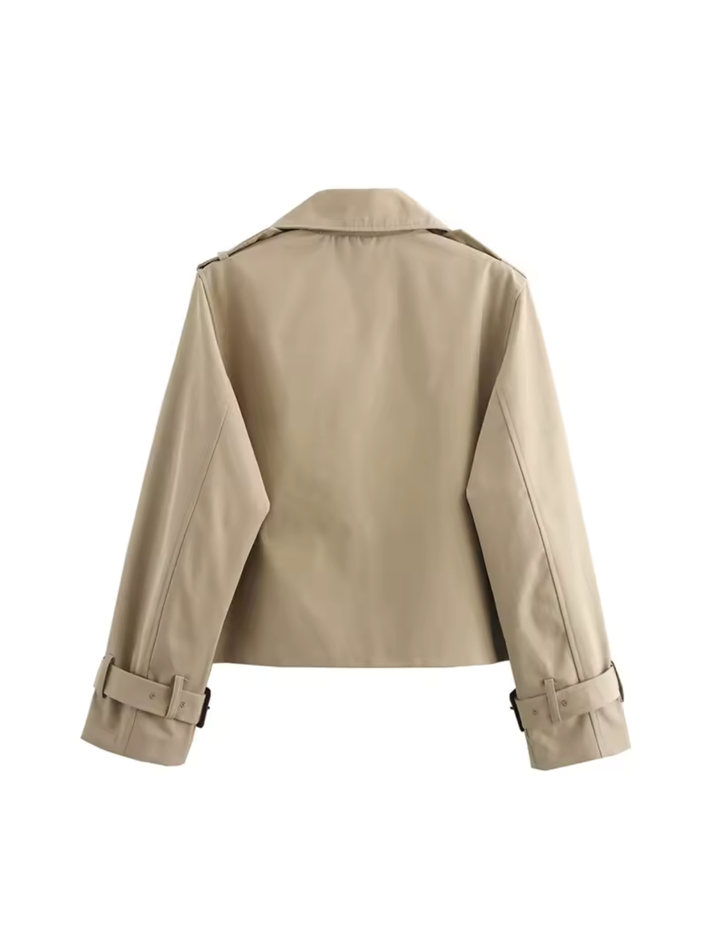 Women's cropped double-breasted trench coat with pointed collar and buckle cuffs