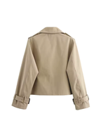 Women's cropped double-breasted trench coat with pointed collar and buckle cuffs
