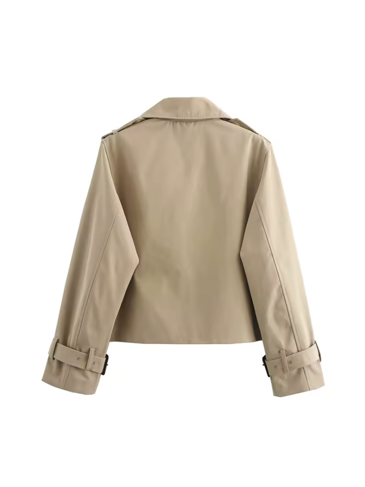 Women's cropped double-breasted trench coat with pointed collar and buckle cuffs
