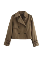 Women's cropped double-breasted trench coat with pointed collar and buckle cuffs