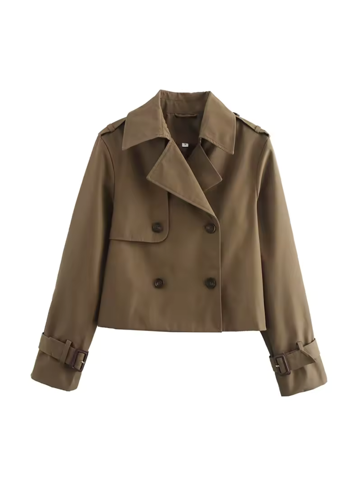 Women's cropped double-breasted trench coat with pointed collar and buckle cuffs
