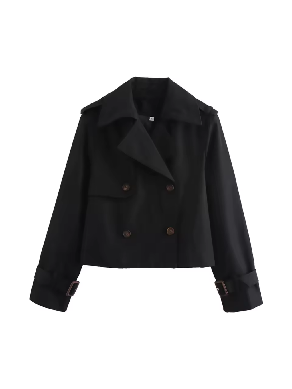 Women's cropped double-breasted trench coat with pointed collar and buckle cuffs