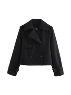 Women's cropped double-breasted trench coat with pointed collar and buckle cuffs